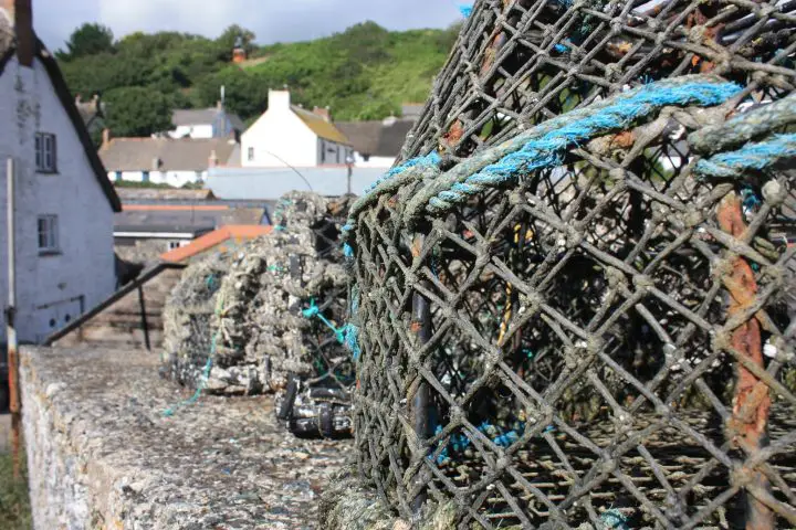 Reusen und Fischernetze entlang der Dorfstraße in Cadgwith, Cornwall