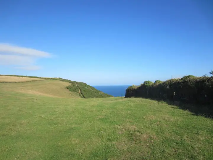 Blick über die Wiesen auf das Meer bei Polruan